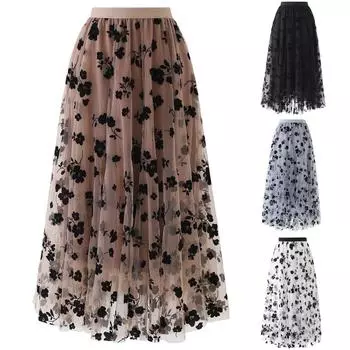 Длинная сетчатая юбка с высокой талией, тюлевая юбка, женская весна-лето, эластичная женская плиссированная юбка трапециевидной формы, женская юбка-миди