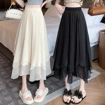 Длинная сетчатая юбка с высокой талией, тюлевая юбка, женская весна-лето, эластичная женская плиссированная юбка трапециевидной формы, женская модная юбка миди S чёрный