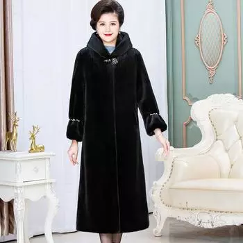 Длинная шуба длиной до колена с капюшоном для женщин среднего и пожилого возраста, шуба из искусственного норкового меха для мам, мех норки 6XL