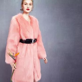 Длинная шуба знаменитости, искусственный мех, женская шуба из искусственного меха лисы, удлиненная утолщенная шуба S розовый