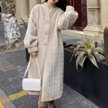 Длинная теплая мягкая куртка из искусственного кроличьего меха, женская модная высококачественная зимняя повседневная плюшевая куртка, женская утолщенная роскошная верхняя одежда, новинка S бежевый