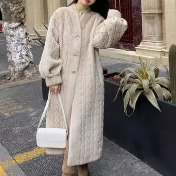 Длинная теплая мягкая куртка из искусственного кроличьего меха, женская модная высококачественная зимняя повседневная плюшевая куртка, женская утолщенная роскошная верхняя одежда, новинка S бежевый