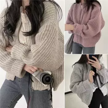 Длинная трикотажная куртка на молнии с круглым вырезом и осенними рукавами, толстый зимний однотонный кардиган, свитер, верхняя одежда абрикосовый