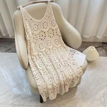 Длинная трикотажная юбка А-силуэта в стиле ретро с элегантным модным платьем без рукавов на бретелях One Size бежевый