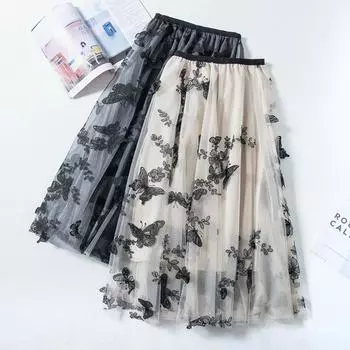 Длинная Тюлевая Юбка Женская Винтажная Вышивка Бабочки Эластичная Высокая Талия Трапециевидной Сетчатой Плиссированной Юбки Женская Юбка Миди One Size