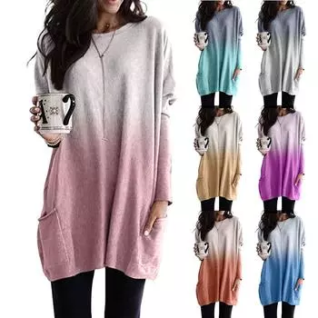 Длинная туника, пуловер, толстовка, блузка, топы для женщин, повседневный мешковатый пуловер с длинными рукавами, джемпер с карманами, туника, футболка с градиентом, топы S фиолетовый