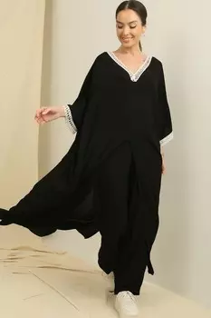 Длинная туника с кружевом и карманами, брюки на эластичной талии, комплект из двух предметов из вискозы оверсайз