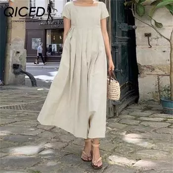 Длинная юбка из хлопка и конопли QICED, большая распашная юбка-солнце с коротким рукавом и квадратным воротником, элегантное повседневное длинное платье S хаки