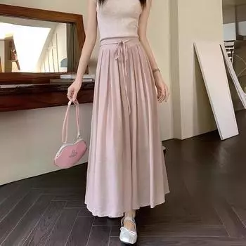 Длинная юбка из хлопка и льна для женщин, летние розовые корейские юбки миди с высокой талией, плиссированные женские One Size чёрный