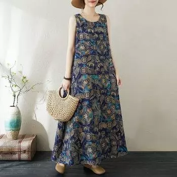 Длинная юбка, летние свободные повседневные платья без рукавов с круглым вырезом и принтом L