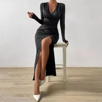 Длинная юбка на осень и зиму, сексуальное облегающее платье с разрезом на бедрах, V-образным вырезом и длинными рукавами XS чёрный