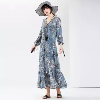 Длинная юбка Пляжная длинная юбка в богемном стиле с принтом Синяя свежая длинная юбка L