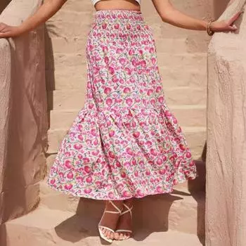 Длинная юбка с цветочным принтом в стиле бохо для женщин. Летняя эластичная юбка макси с высокой талией и рюшами. Модная юбка для пляжного отдыха. Дышащая легкая юбка. S