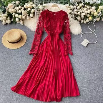 Длинная юбка с нежным ветром для французской девушки, шикарное фея, милое полое кружевное шифоновое плиссированное женское платье Sen One Size чёрный