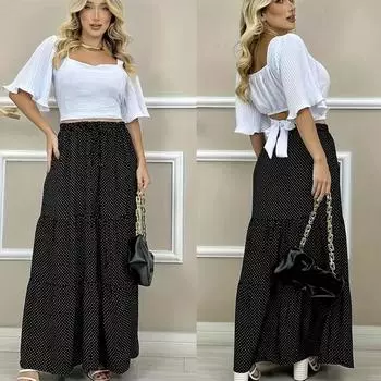 Длинная юбка с точечным принтом для женщин, эластичная длинная юбка с высокой талией и завязками в стиле пэчворк, длинная юбка с оборками, летняя дышащая легкая свободная мягкая удобная рабочая юбка S чёрный