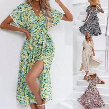 Длинная юбка с v-образным вырезом, летняя одежда с коротким рукавом и цветочным принтом S чёрный