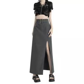 Длинная юбка с высокой талией для женщин. Женская осенняя новая юбка А-силуэта с разрезом для женщин. Универсальная юбка, закрывающая бедра, для женщин. XS чёрный