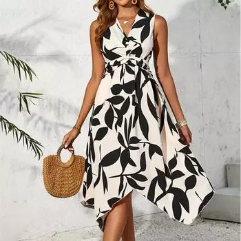 Длинная юбка средней длины без рукавов с принтом листьев, перекрученное нестандартное платье для женщин S абрикосовый