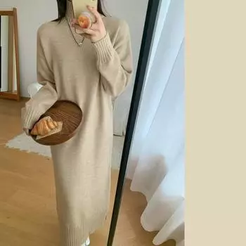 Длинная юбка-свитер осень-зима ленивый стиль пуловер утолщенный большой размер низа свободного трикотажного платья для женщин One size кофейный