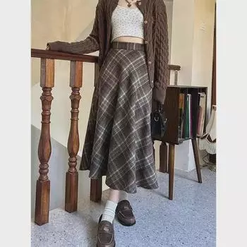 Длинная юбка-трапеция из шерсти в клетку в стиле ретро для женщин - осень/зима 2024 г. Small кофейный