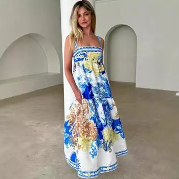 Длинная юбка в европейско-американском стиле для летних каникул с принтом - 68639 Small синий