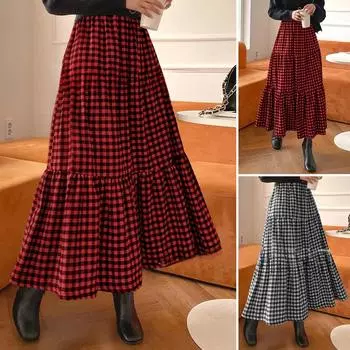 Длинная юбка в клетку на весну и осень, женская юбка-зонтик с высокой талией, юбка-трапеция средней длины в клетку в стиле ретро XXXXXL чёрный