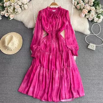 Длинная юбка во французском стиле для перерыва на чай Senior Sense Light Роскошное темпераментное облегающее платье с воротником-стойкой и длинным рукавом на талии