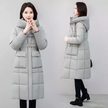 Длинная утепленная хлопковая одежда женская свободная выше колена зимняя с капюшоном куртка Тондэмун M чёрный