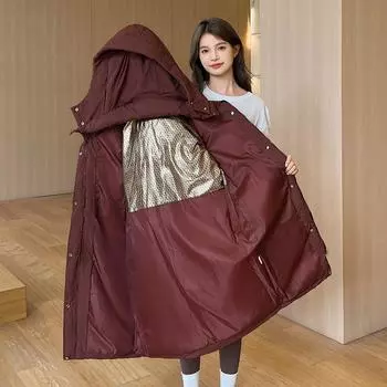 Длинная утолщенная хлопковая одежда женская свободная выше колена зимняя с капюшоном 2024 новая теплая одежда Dongdaemun M чёрный