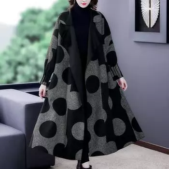 Длинная ветровка с принтом больших волнистых точек для женщин, новая весна-осень, свободный размер, воротник-лацкан, женская повседневная верхняя одежда L чёрный