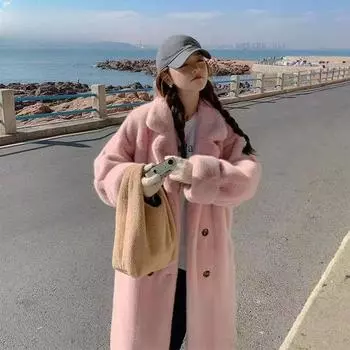 Длинная ветровка с утолщенным флисом для женщин, имитирующая мех норки, экологически чистый мех, молодая и модная меховая куртка S розовый