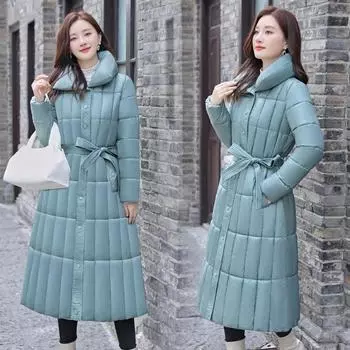 Длинная выше колена блестящая свободная хлопковая одежда на пуху, средняя и длинная зимняя новая куртка с капюшоном M синий