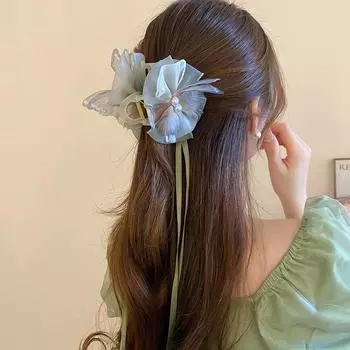 Длинная заколка для волос с кисточками и жемчугом в виде бабочки, бант, лента, большие заколки для волос в виде акулы для женщин, заколка для волос в виде конского хвоста, элегантный головной убор