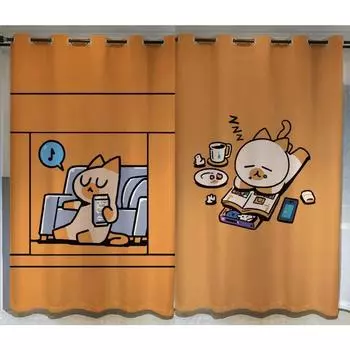 Длинная занавеска, затемняющая занавеска, милый кот, мультяшный, спальня, гостиная, крючок, спальня, перфорированная занавеска, затеняющий материал, драпировка, новая W55 X H120cm X 2&HOOK