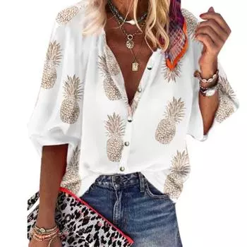 Длинная женская блузка с длинными рукавами и ананасами в полоску на пуговицах и V-образным вырезом L красный