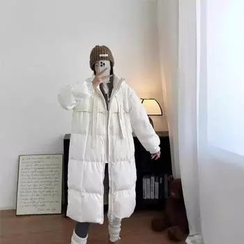 Длинная женская куртка-пуховик зима 2024 новая модная свободная утолщенная до колена белая повседневная куртка на утином пуху S чёрный