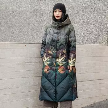 Длинная зимняя женская куртка-пуховик с принтом из белого утиного пуха, женская новая куртка с капюшоном, пальто L зелёный