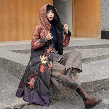 Длинная зимняя женская куртка-пуховик с принтом из белого утиного пуха, женская новая куртка с капюшоном, пальто M жёлтый