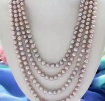 Длинное 100-дюймовое круглое лавандовое ожерелье из культивированного пресноводного жемчуга диаметром 7–8 мм.