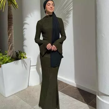 Длинное эластичное облегающее платье с длинными рукавами, женские макси-платья, облегающее вечернее платье-карандаш, мусульманская абайя, Дубай, Турция, женская одежда S зелёный