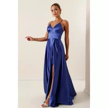 Длинное атласное платье на подкладке с веревочными бретельками и перекрестной завязкой сзади