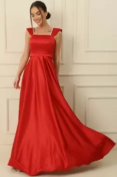 Длинное атласное платье с квадратным вырезом и подкладкой на бретельках и камнями