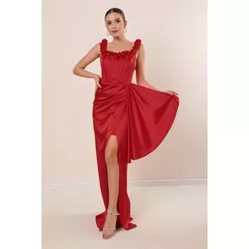 Длинное атласное платье с плиссированной подкладкой и цветочной отделкой 3D