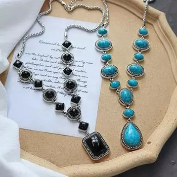 Длинное бирюзовое ожерелье в стиле ретро, женское индивидуальное ожерелье с преувеличенным темпераментом, свитер, цепочка в этническом стиле, универсальное ожерелье с подвеской 51cm-80cm зелёный