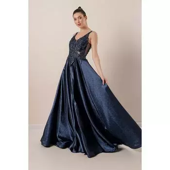 Длинное блестящее платье с подкладкой из топа и бисером и завязками на спине