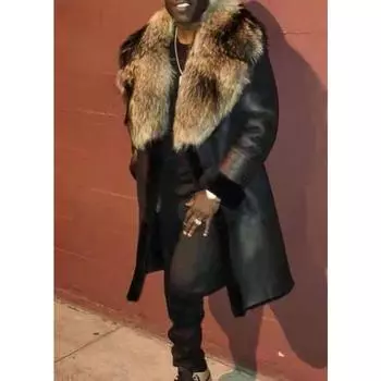 Длинное цельное пальто из искусственного меха цвета хаки с кристальным лисьим мехом и большим меховым воротником, мужская одежда S чёрный