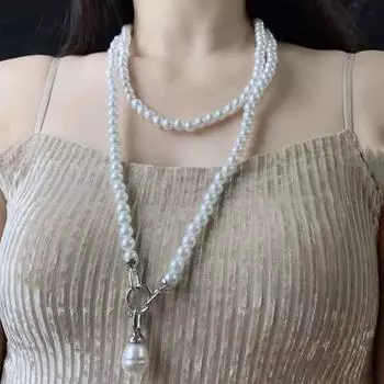 Длинное искусственное жемчужное ожерелье для женщин, круглое ожерелье из бусин, имитация жемчуга, платье, пояс, цепочка, аксессуар для свиданий, повседневной носки, вечеринки белый