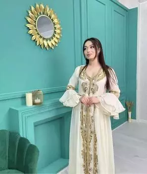 Длинное исламское платье Фараша Кафтан Абая Дубай Марокканское платье ручной работы Стильное XS белый