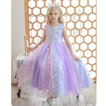 Длинное качественное платье на свадьбу с бабочкой для девочек, кружевное праздничное фатиновое платье принцессы на день рождения, платье для первого причастия для девочек 110 розовый