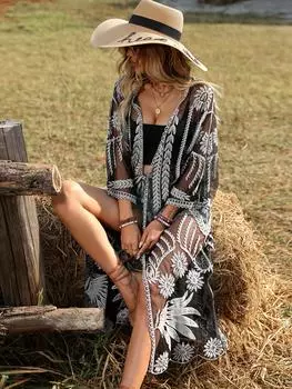 Длинное кимоно из кружева в стиле бохо, элегантная пляжная купальная одежда, верхняя одежда для отдыха у бассейна One-size